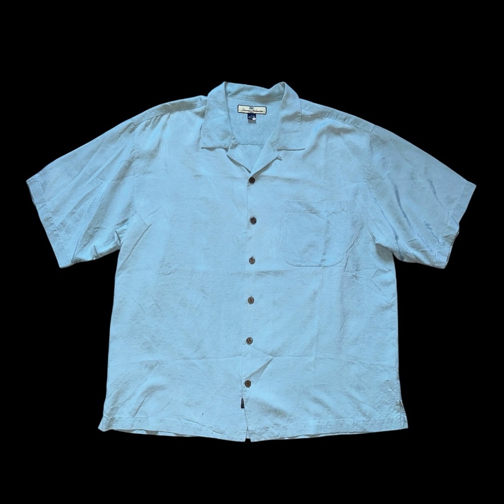 Tommy Bahama Blue Raw Silk Hawaiian Short Sleeve Tropical Print Shirt Size XL